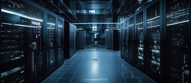 Imagen de varios armarios rack, llenos de servidores de última generación, nuevos y reacondicionado,s en una sala de un centro de datos iluminada con luz azul