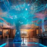 "Representación futurista de una SD-WAN en una sala con un árbol formado por líneas azules, rodeada de ordenadores